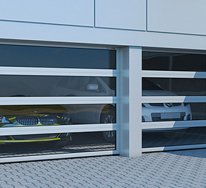 Промышленные секционные ворота из алюминиевых панорамных панелей с торсионным механизмом isd02